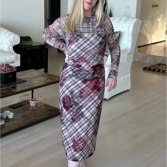 Amur Pink Plaid Sheath Midi Dress SIZE 6 Mesh Work Preppy Ruched Designer $500 - Picture 4 of 13